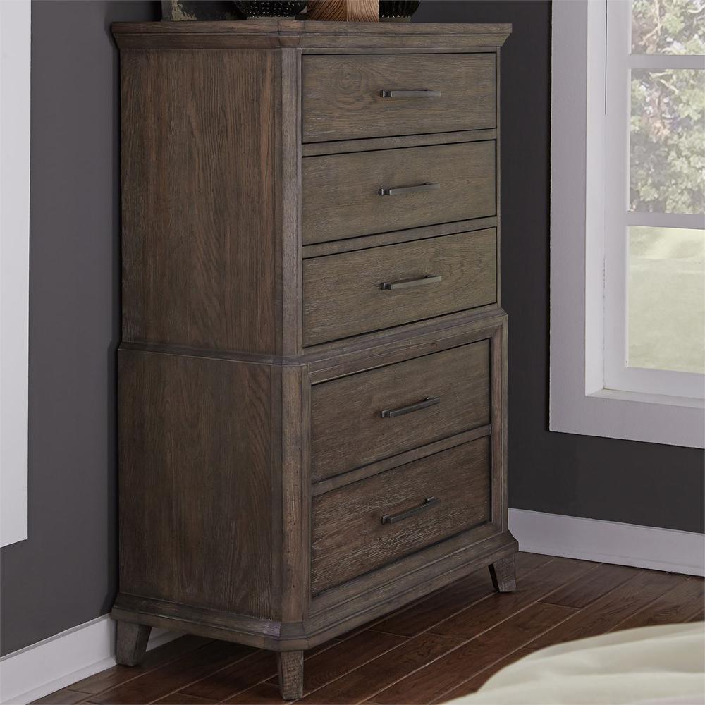 5 Drawer Chest, Wirebrushed Aged Oak With Gray Dusty Wax Finish