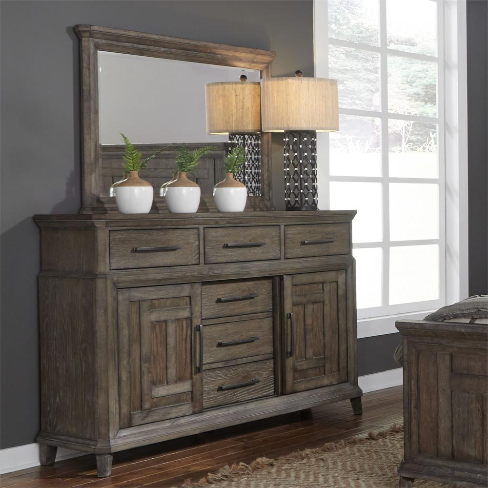 Dresser & Mirror (823-Br-Dm), Wirebrushed Aged Oak With Gray Dusty Wax Finish