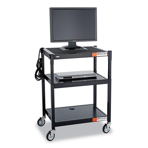 Steel AV Cart, 3 Shelves, 5 AC Outlets, 120 lb Capacity, Black