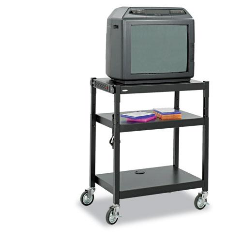 Steel AV Cart, 3 Shelves, 5 AC Outlets, 120 lb Capacity, Black