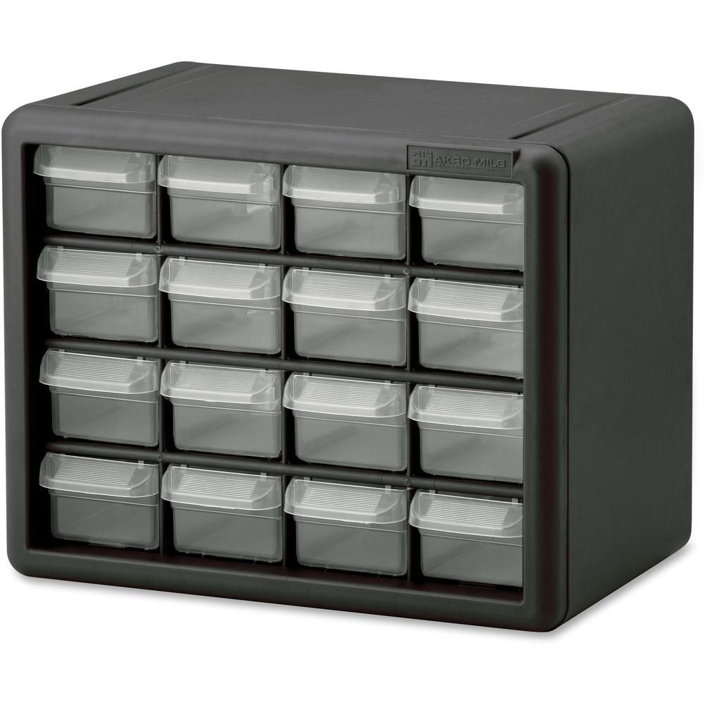 Akro-Mils 16-Drawer Plastic Storage Cabinet - Stackable, Unbreakable - Black - 1 Each