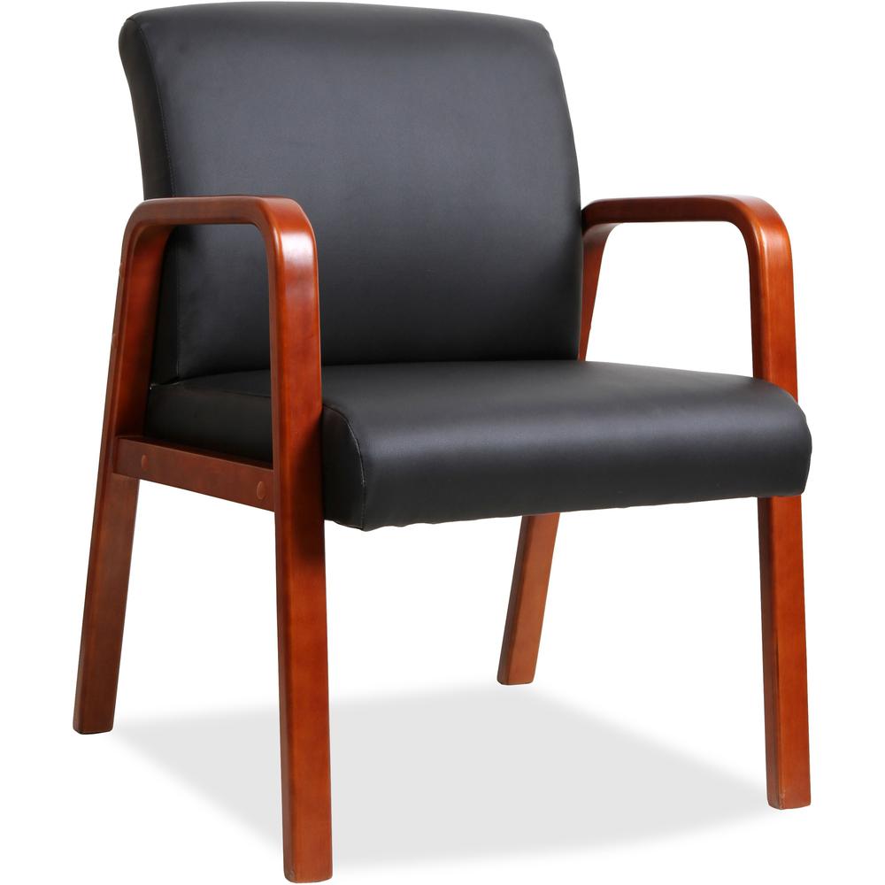 Lorell Guest Chair - Black Bonded Leather Seat and Back - Cherry Solid Wood Frame - Four-legged Base - Armrest - 1 Each
