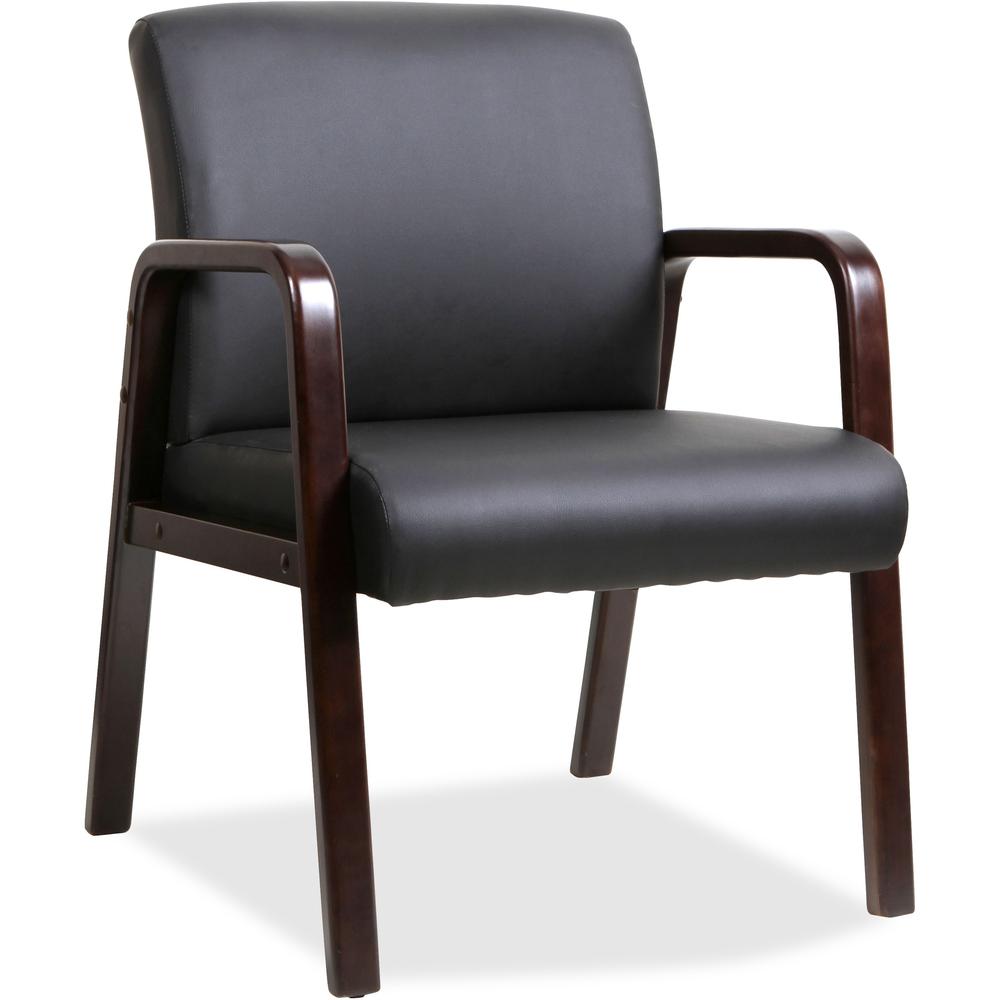 Lorell Guest Chair - Black Bonded Leather Seat & Back - Espresso Solid Wood Frame - Armrest - 1 Each