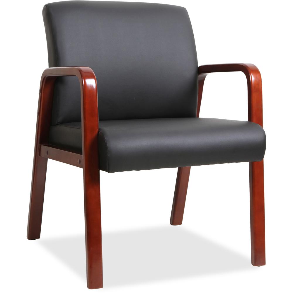 Lorell Guest Chair - Black Bonded Leather Seat and Back - Mahogany Solid Wood Frame - Four-legged Base - Armrest - 1 Each