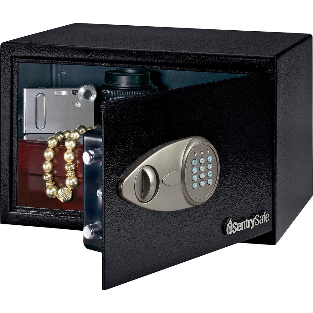 Sentry Safe Small Security Safe - Electronic Lock - 0.50 ft³ - Key Lock - 2 Live-locking Bolts - Internal Size 8.50" x 13.62" x 8.62" - Overall Size 8.7" x 13.8" x 10.6" - Black - Steel