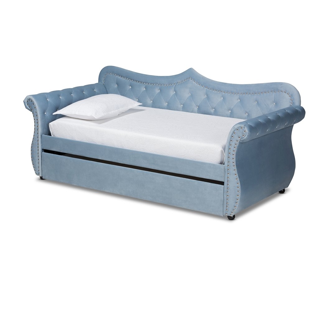 Image of Baxton Studio Abbie Traditional And Transitional Light Blue Velvet Fabric Upholstered And Crystal Tufted Twin Size Daybed With Trundle