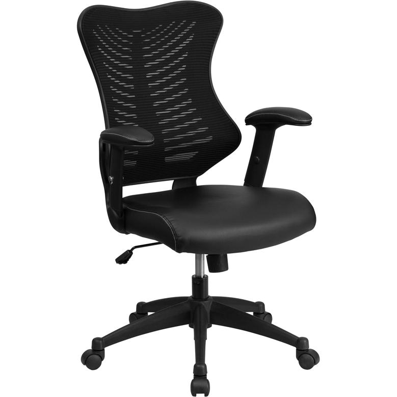 Black Mesh Executive Swivel Office Chair with Adjustable Arms and LeatherSoft Seat