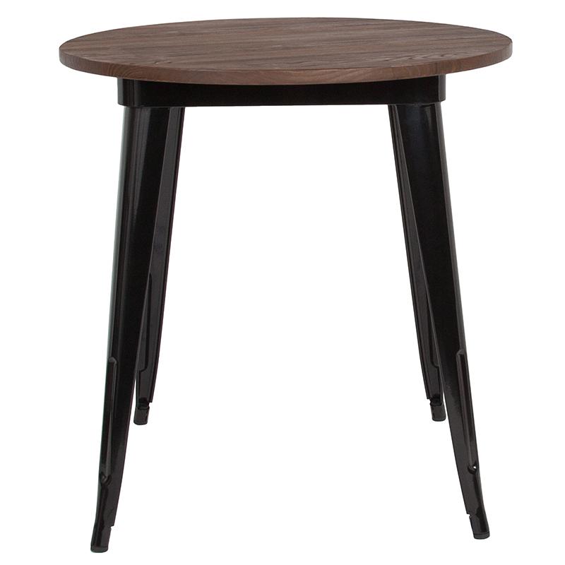 26" Round Black Metal Indoor Table With Walnut Rustic Wood Top