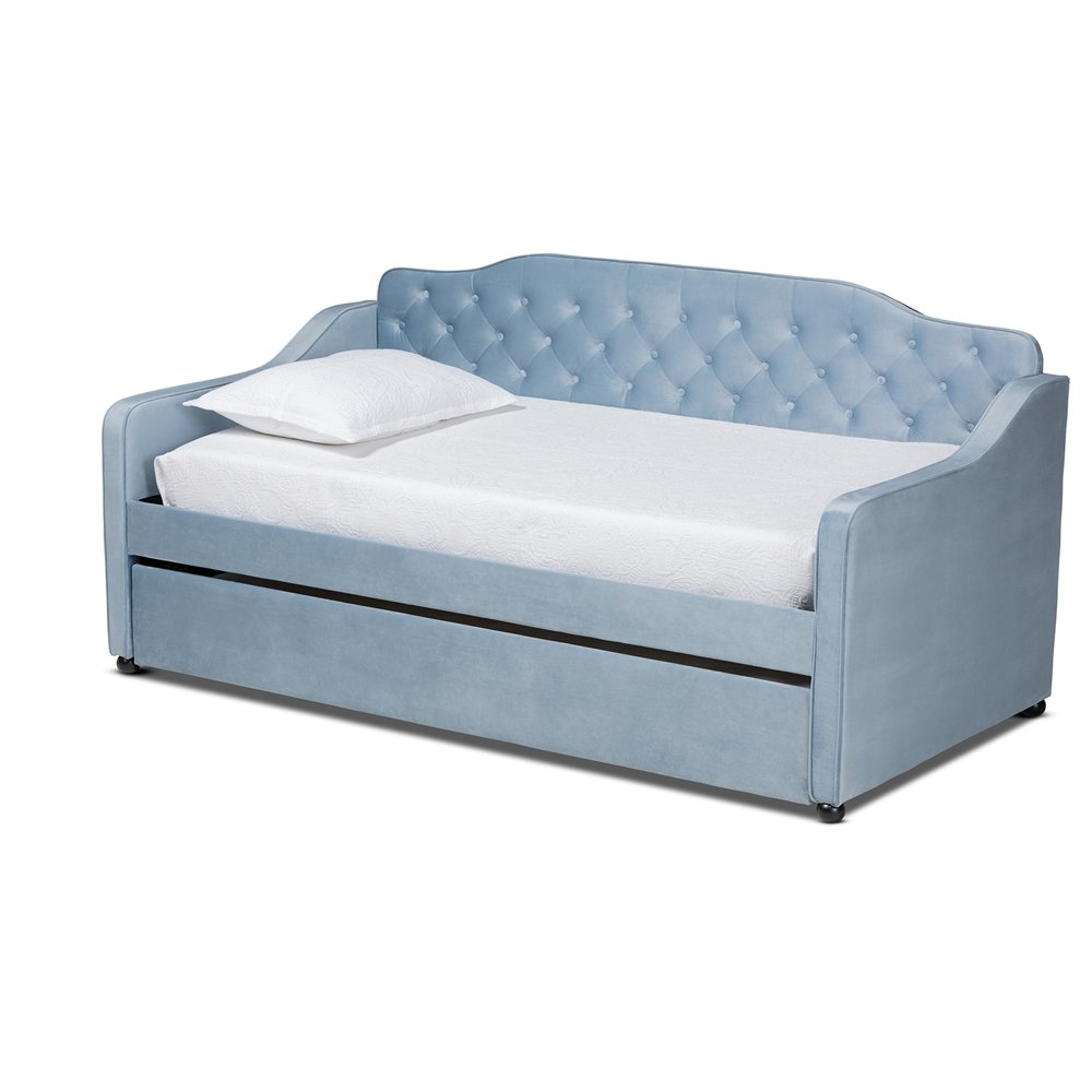 Image of Baxton Studio Freda Traditional And Transitional Light Blue Velvet Fabric Upholstered And Button Tufted Twin Size Daybed With Trundle