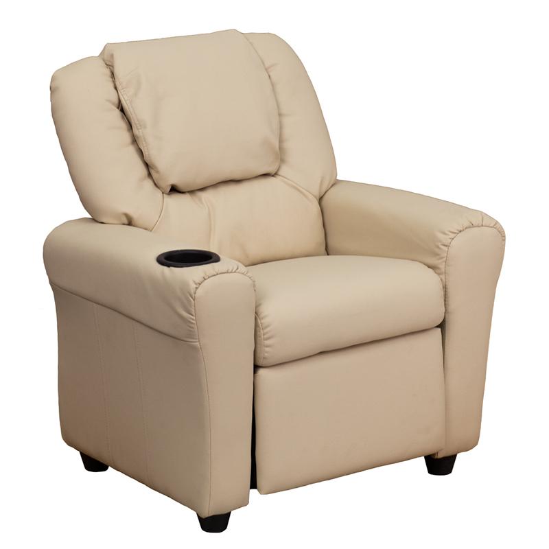 Beige Vinyl Kids Recliner with Cup Holder and Headrest