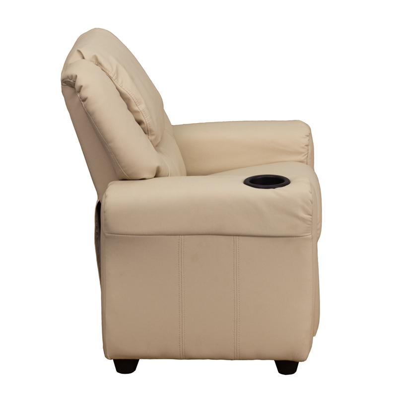 Beige Vinyl Kids Recliner with Cup Holder and Headrest