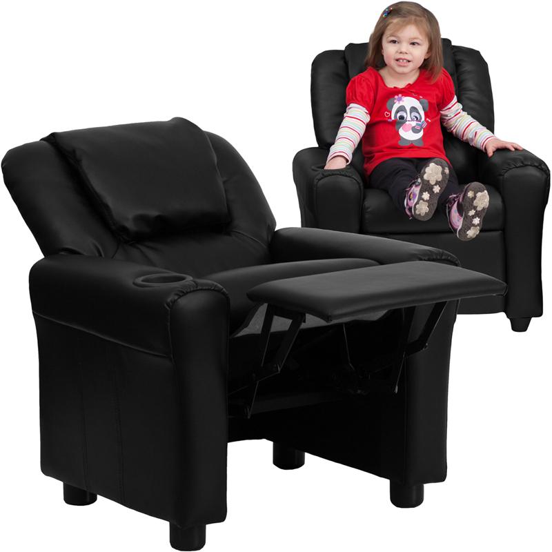 Black LeatherSoft Kids Recliner with Cup Holder and Headrest