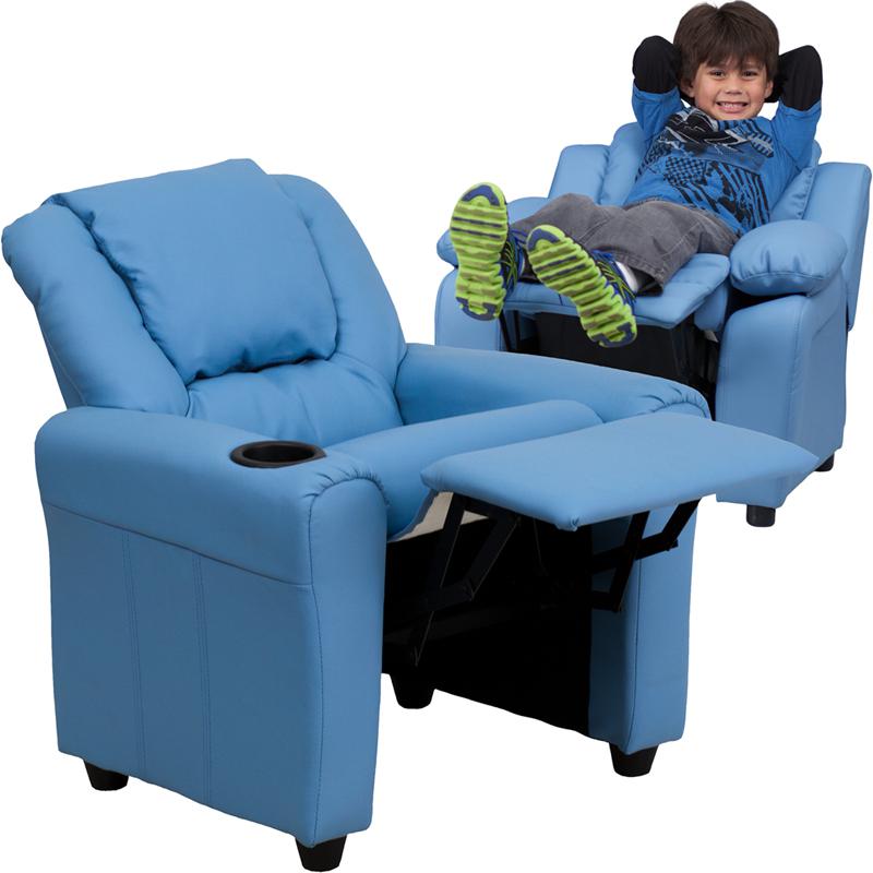 Light Blue Kids Recliner with Cup Holder and Headrest
