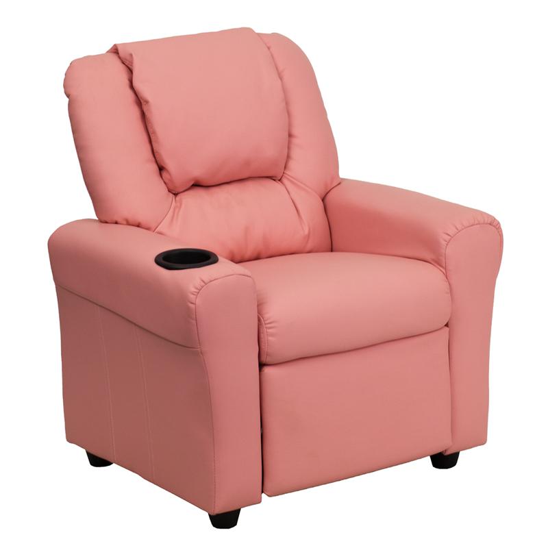 Pink Vinyl Kids Recliner with Cup Holder and Headrest