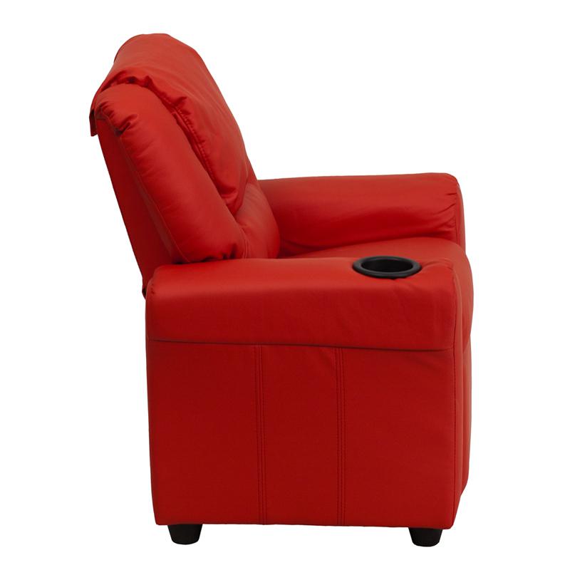 Red Vinyl Kids Recliner with Cup Holder and Headrest