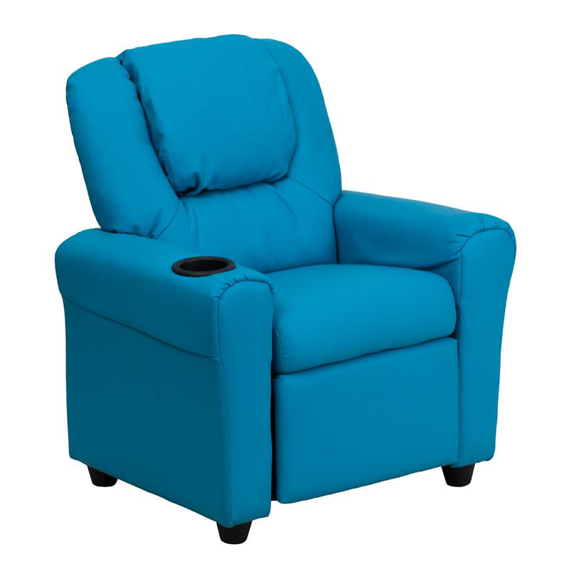 Turquoise Vinyl Kids Recliner with Cup Holder and Headrest