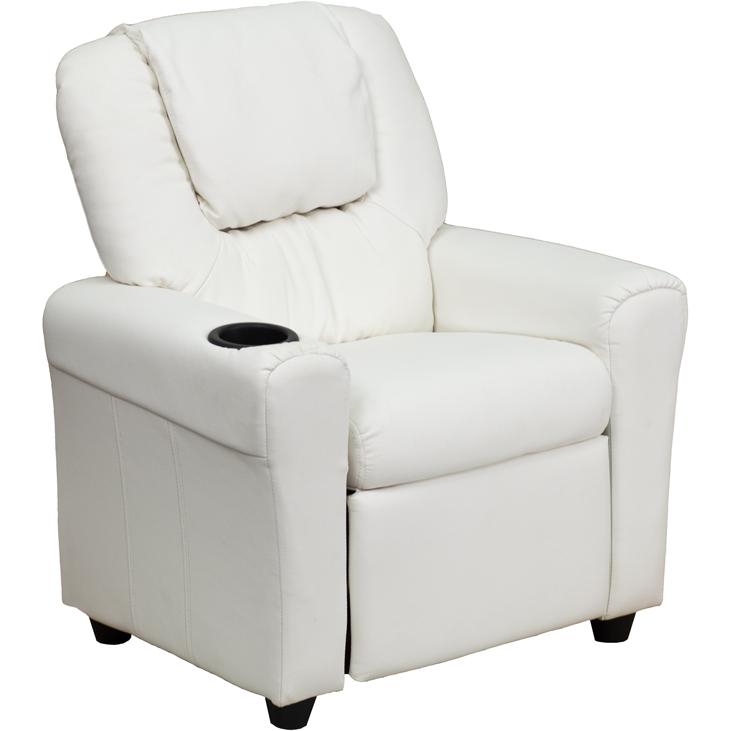 White Vinyl Kids Recliner with Cup Holder and Headrest