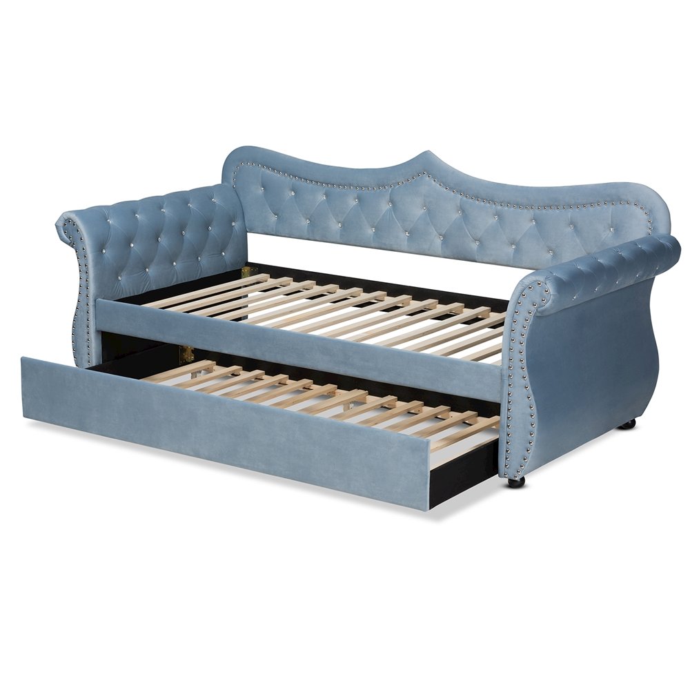 Baxton Studio Abbie Traditional And Transitional Light Blue Velvet Fabric Upholstered And Crystal Tufted Twin Size Daybed With Trundle