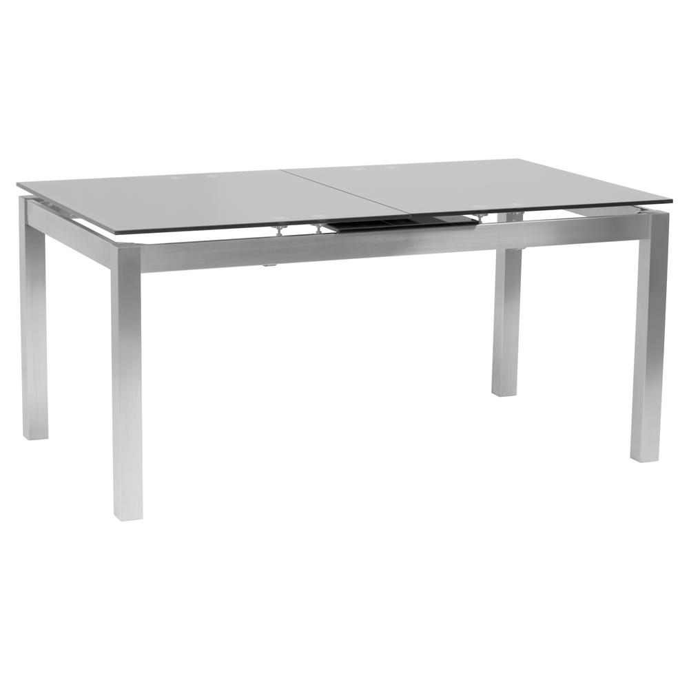 Image of Armen Living Ivan Extension Dining Table In Brushed Stainless Steel And Gray Tempered Glass Top