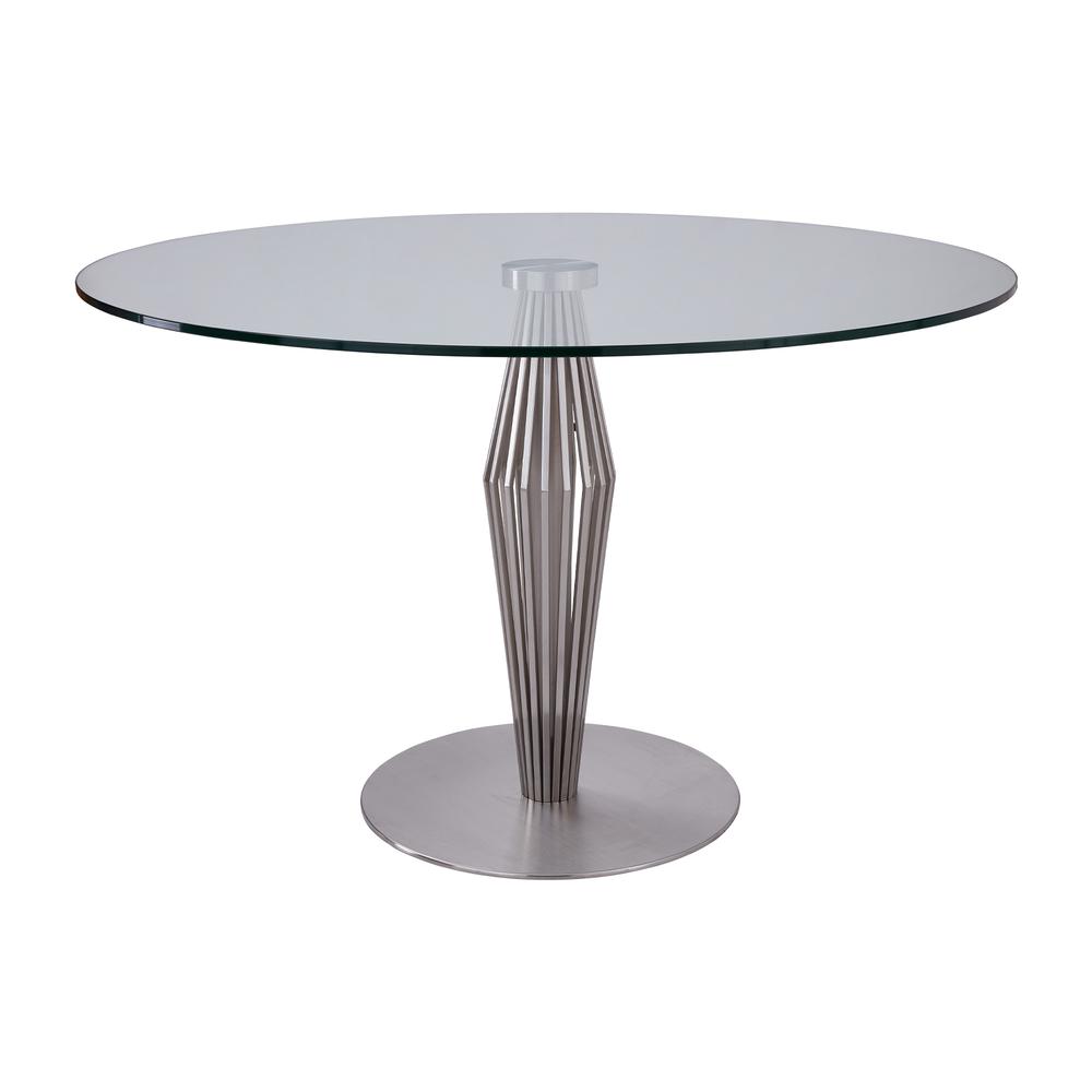Image of Lindsey Contemporary Dining Table In Brushed Stainless Steel Finish And Clear Glass Top