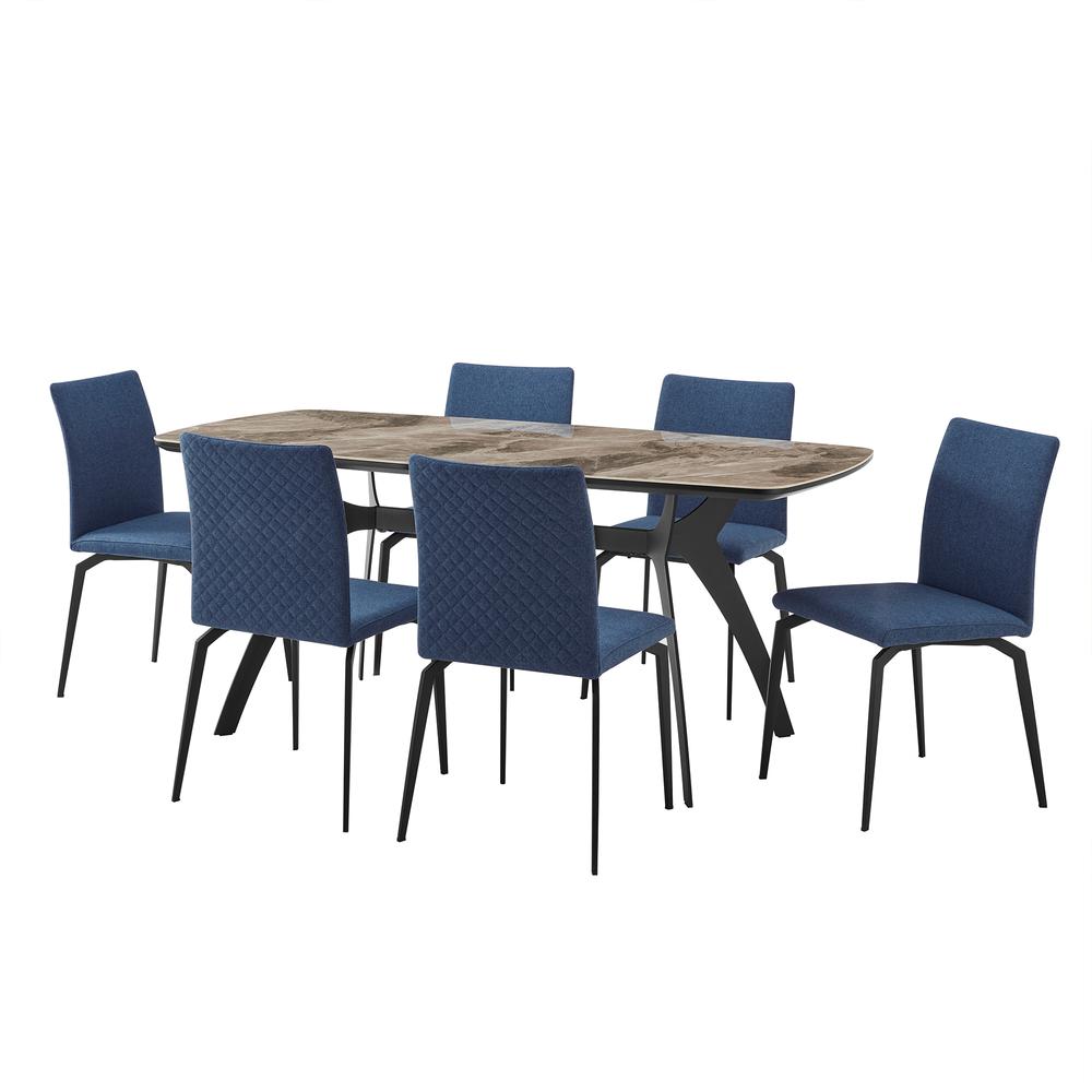 Image of Andes And Lyon Blue Fabric 7 Piece Rectangular Dining Set