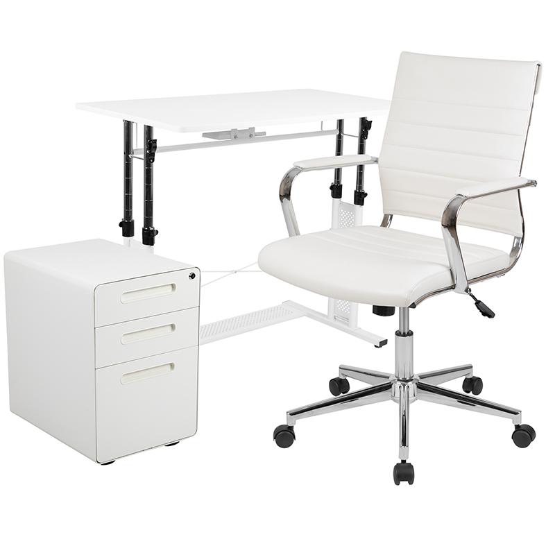 Work From Home Kit - White Adjustable Computer Desk, Leathersoft Office Chair And Inset Handle Locking Mobile Filing Cabinet