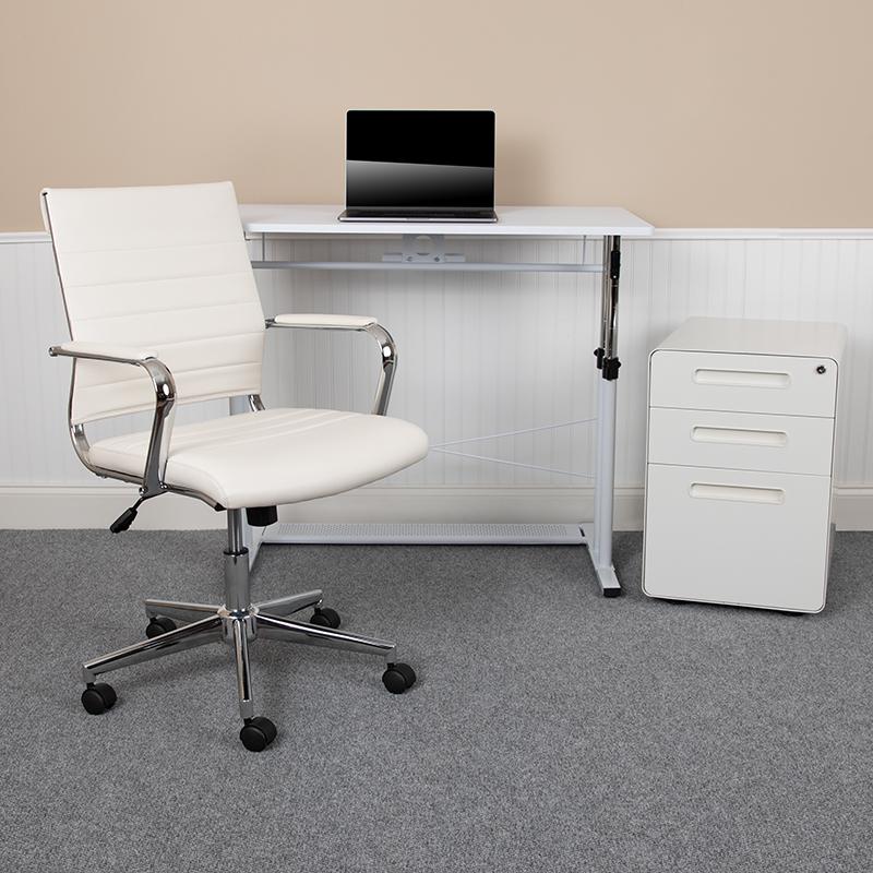 Image of Work From Home Kit - White Adjustable Computer Desk, Leathersoft Office Chair And Inset Handle Locking Mobile Filing Cabinet
