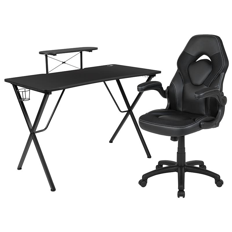 Image of Black Gaming Desk And Black Racing Chair Set With Cup Holder, Headphone Hook, And Monitor/Smartphone Stand