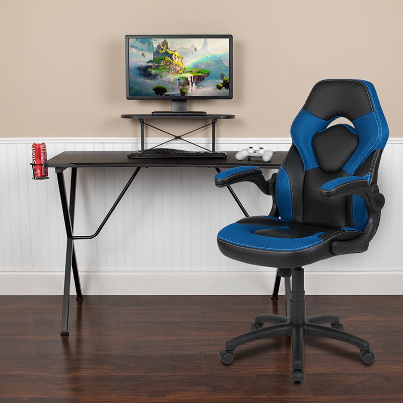 Black Gaming Desk And Blue/Black Racing Chair Set With Cup Holder, Headphone Hook, And Monitor/Smartphone Stand