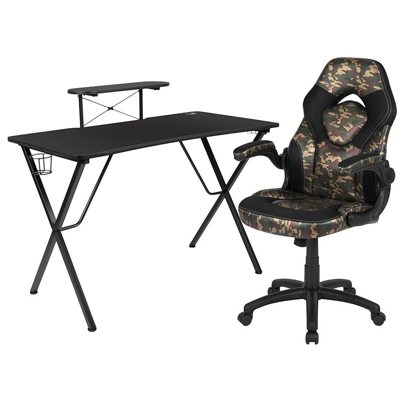 Image of Black Gaming Desk And Camouflage/Black Racing Chair Set With Cup Holder, Headphone Hook, And Monitor/Smartphone Stand