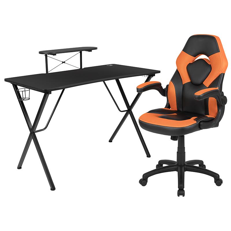 Image of Black Gaming Desk And Orange/Black Racing Chair Set With Cup Holder, Headphone Hook, And Monitor/Smartphone Stand