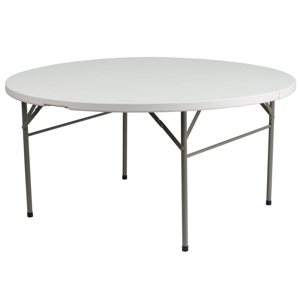 5-Foot Round White Plastic Folding Table with Carrying Handle - Bi-Fold Design