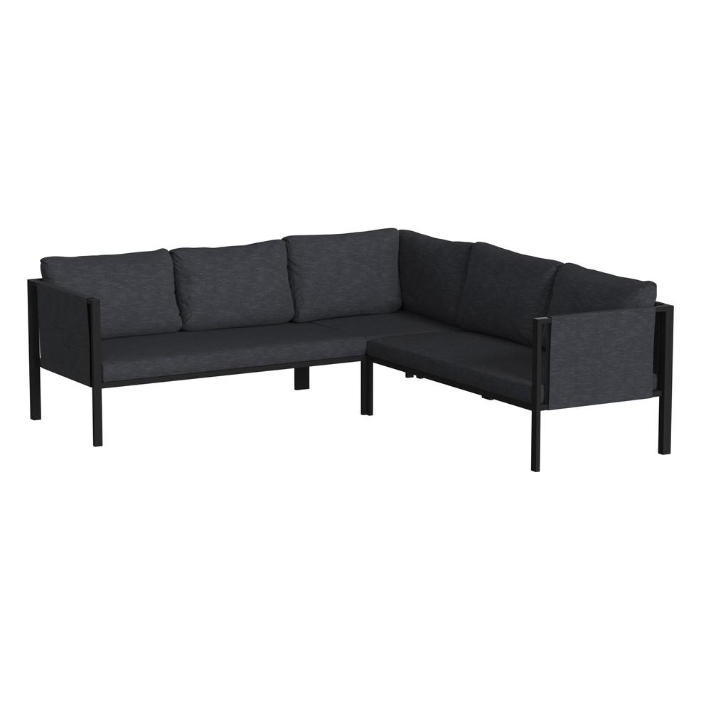 Image of Indoor/Outdoor Sectional With Cushions - Modern Steel Framed Chair With Dual Storage Pockets, Black With Charcoal Cushions