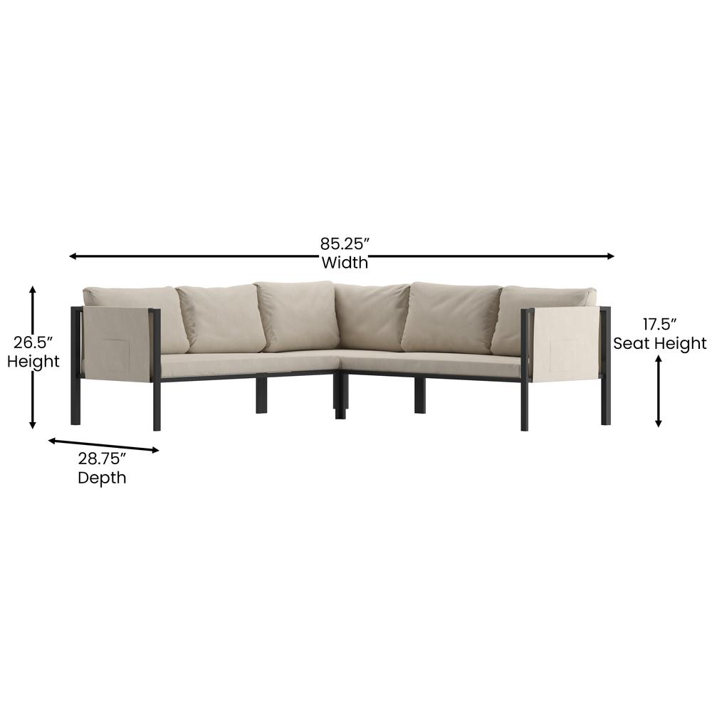 Lea Indoor/Outdoor Sectional With Cushions - Modern Steel Framed Chair With Dual Storage Pockets, Black With Beige Cushions