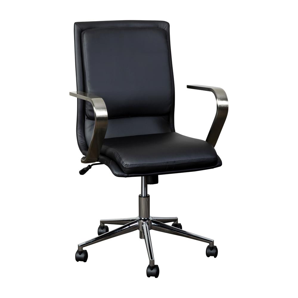 James Mid-Back Designer Executive Leathersoft Office Chair With Brushed Chrome Base And Arms, Black
