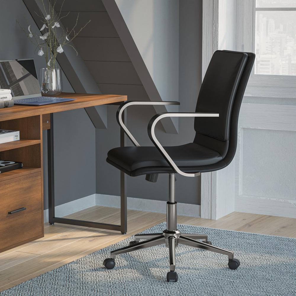 Image of James Mid-Back Designer Executive Leathersoft Office Chair With Brushed Chrome Base And Arms, Black