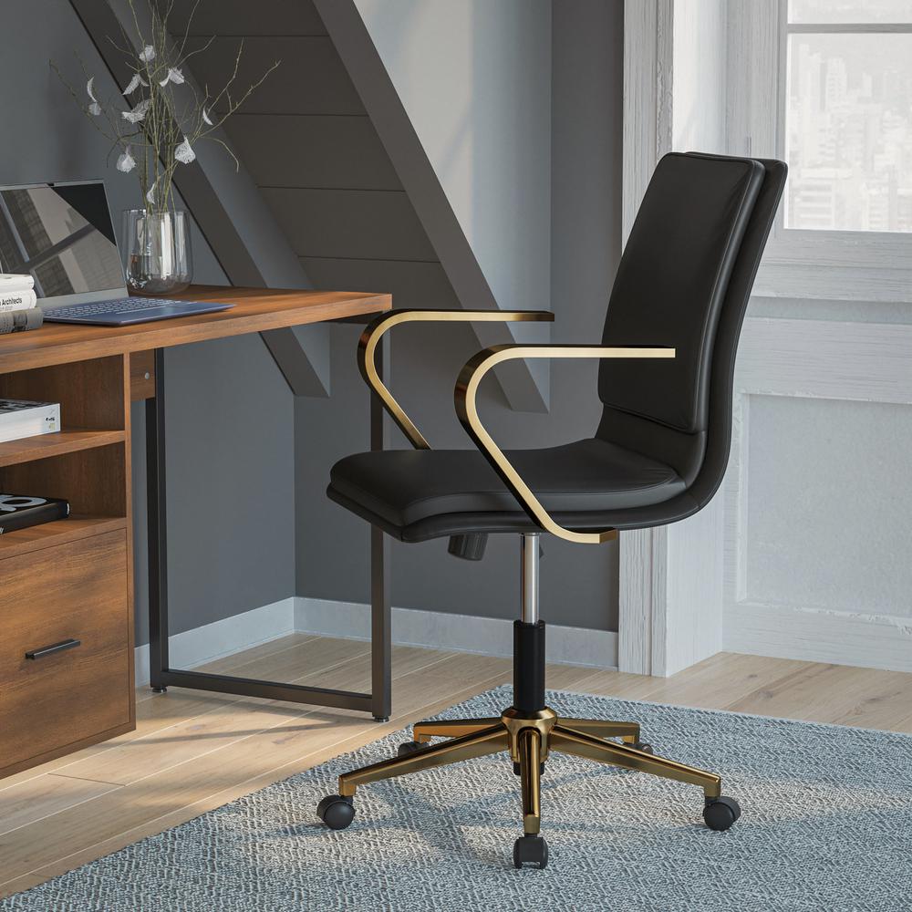 Image of James Mid-Back Designer Executive Leathersoft Office Chair With Brushed Gold Base And Arms, Black