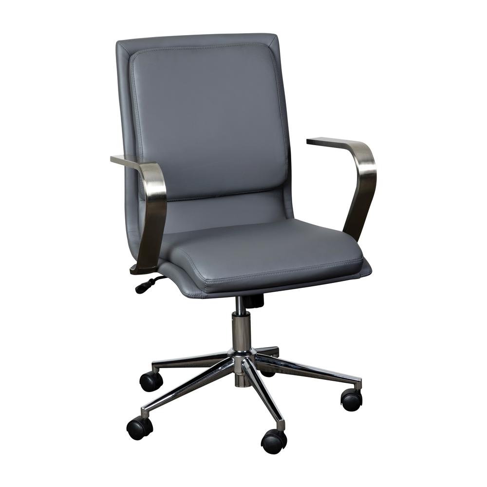 James Mid-Back Designer Executive Leathersoft Office Chair With Brushed Chrome Base And Arms, Gray
