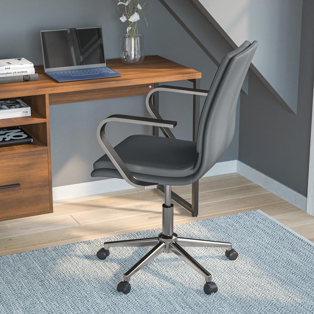 Image of James Mid-Back Designer Executive Leathersoft Office Chair With Brushed Chrome Base And Arms, Gray