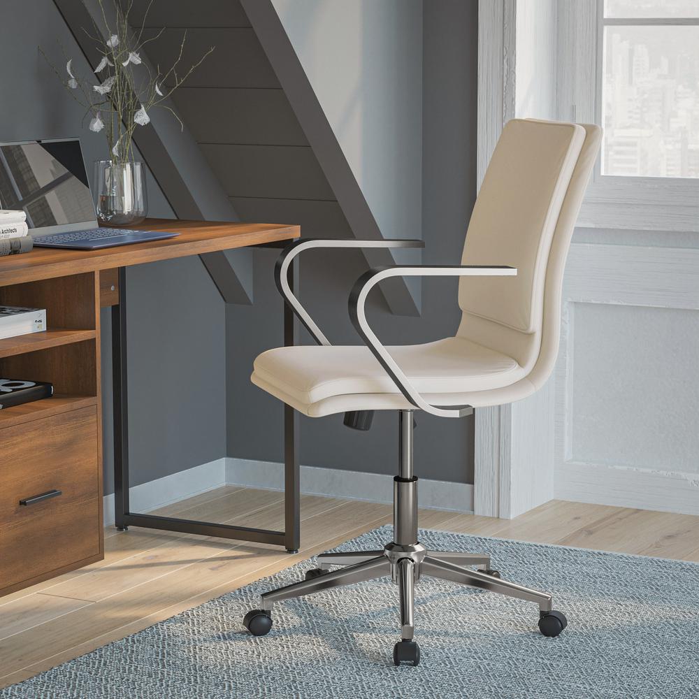 Image of James Mid-Back Designer Executive Leathersoft Office Chair With Brushed Chrome Base And Arms, Taupe