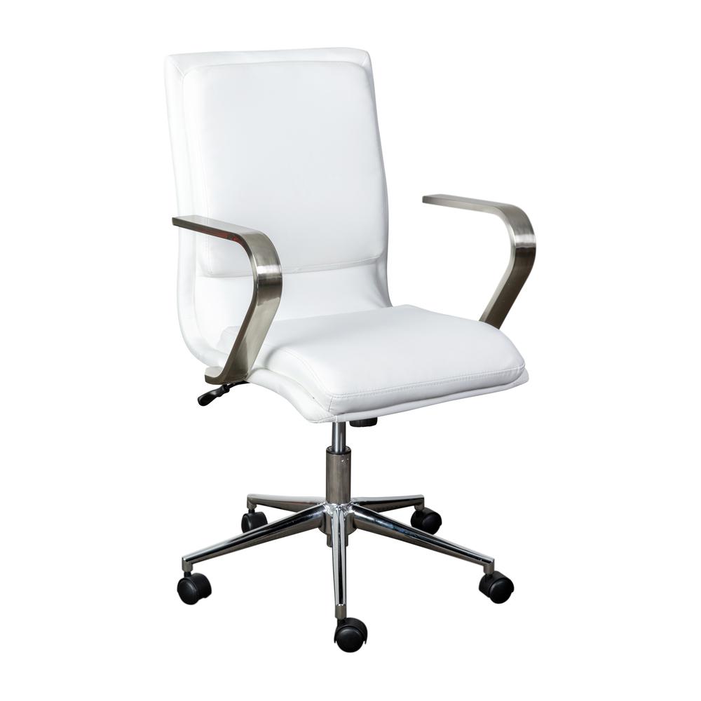 James Mid-Back Designer Executive Leathersoft Office Chair With Brushed Chrome Base And Arms, White