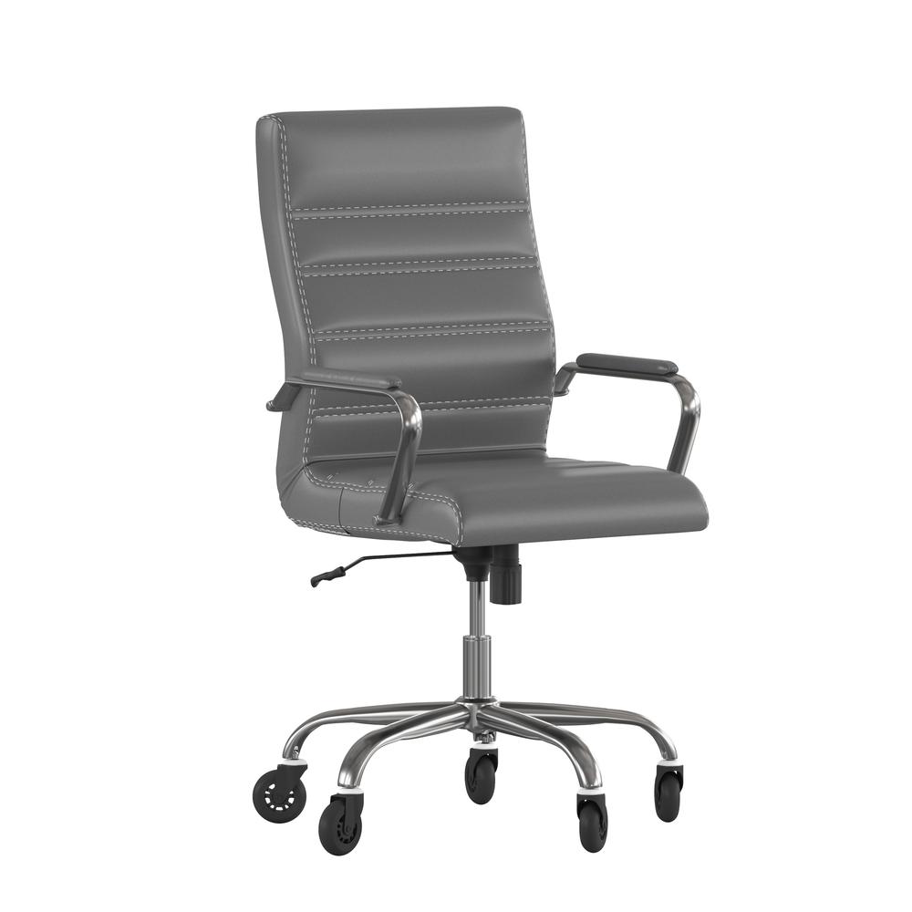 Whitney High Back Gray Leathersoft Executive Swivel Office Chair With Chrome Frame, Arms, And Transparent Roller Wheels