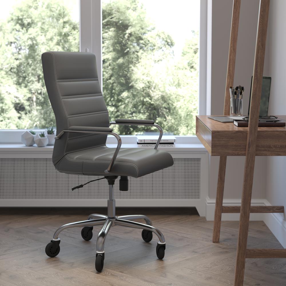 Image of Whitney High Back Gray Leathersoft Executive Swivel Office Chair With Chrome Frame, Arms, And Transparent Roller Wheels