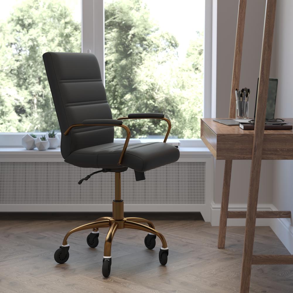 Image of Camilia Mid-Back Black Leathersoft Executive Swivel Office Chair With Gold Frame, Arms, And Transparent Roller Wheels