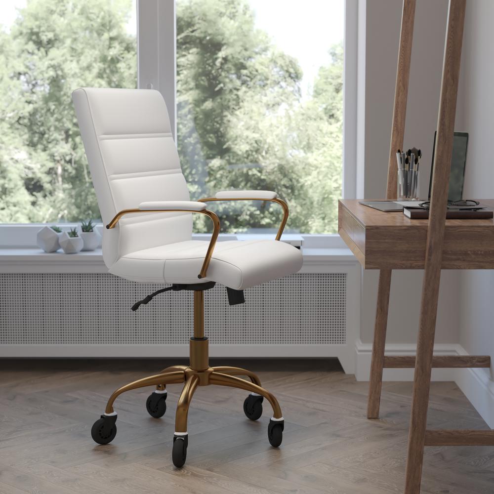 Image of Camilia Mid-Back White Leathersoft Executive Swivel Office Chair With Gold Frame, Arms, And Transparent Roller Wheels
