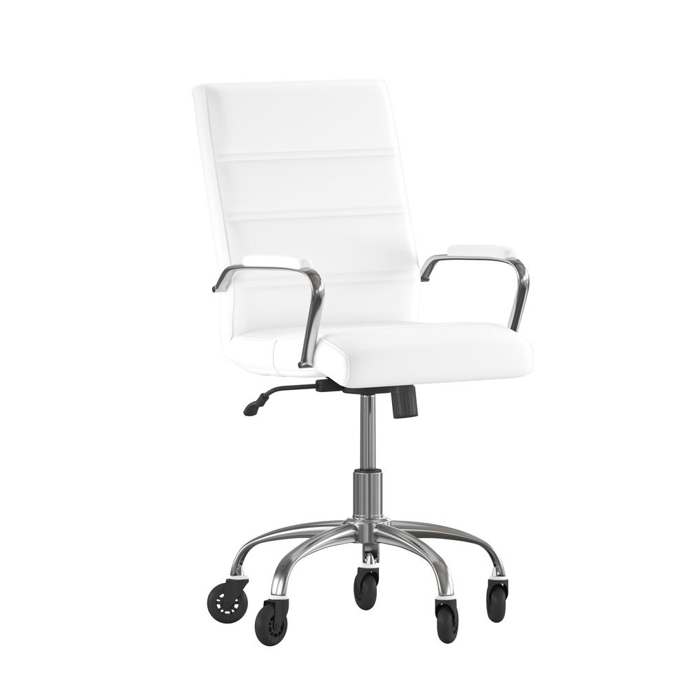 Camilia Mid-Back White Leathersoft Executive Swivel Office Chair With Chrome Frame, Arms, And Transparent Roller Wheels
