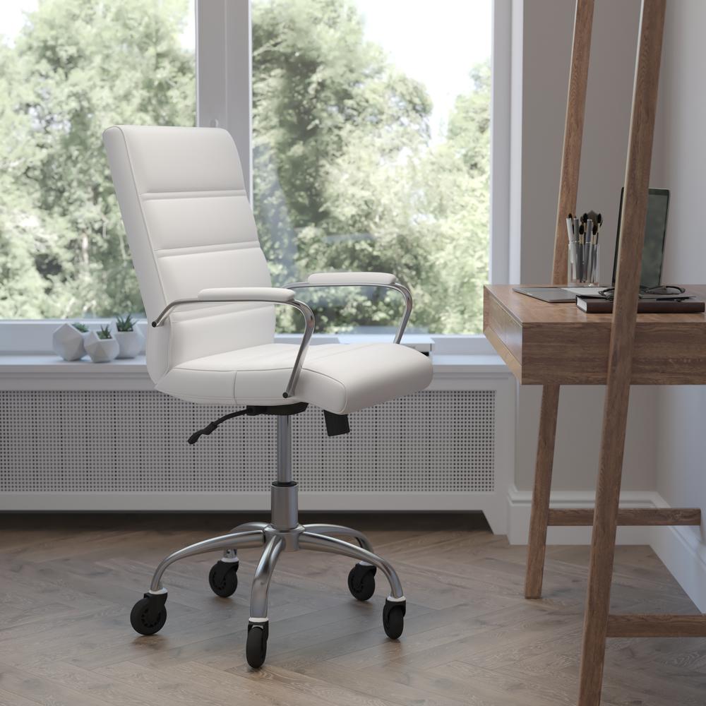 Image of Camilia Mid-Back White Leathersoft Executive Swivel Office Chair With Chrome Frame, Arms, And Transparent Roller Wheels