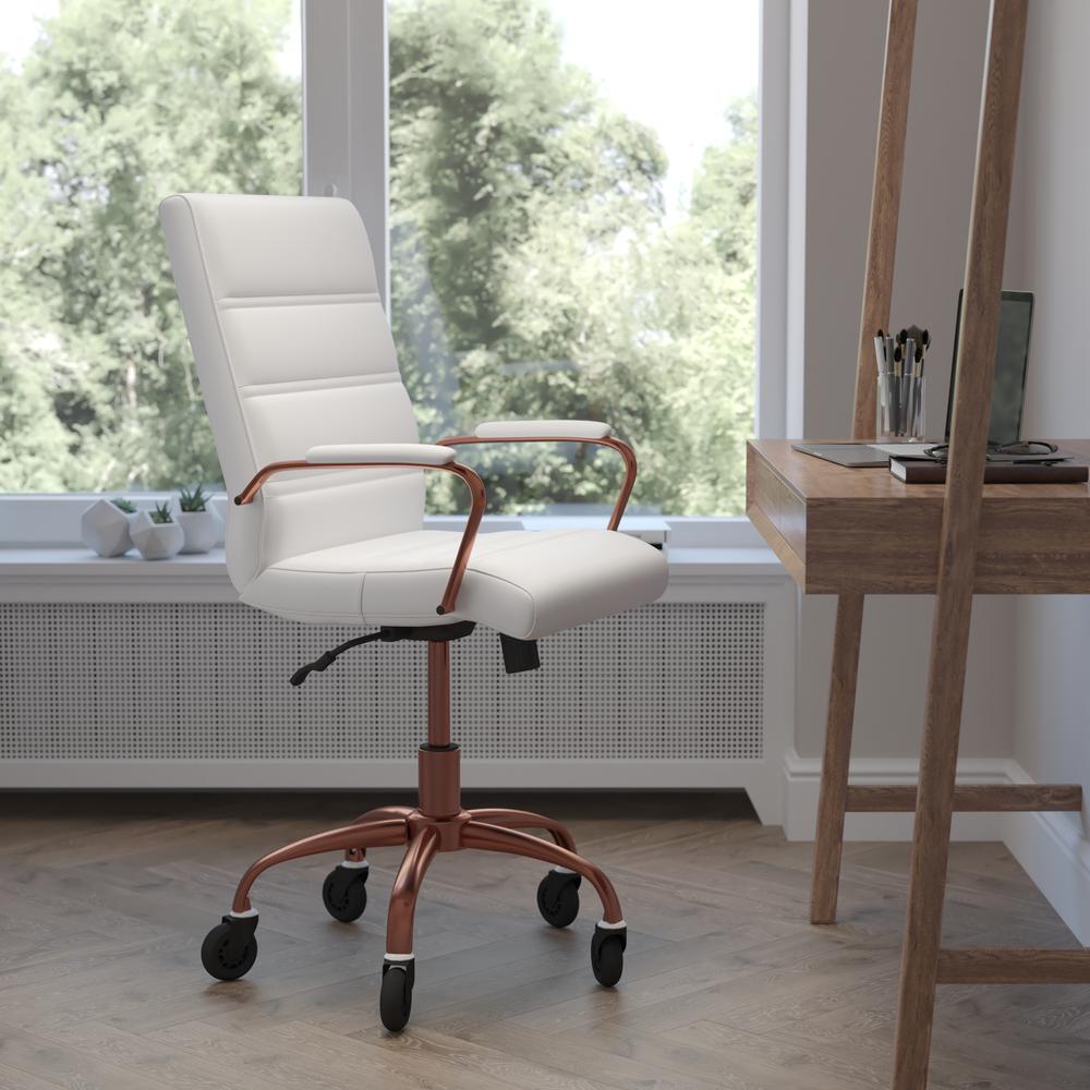 Image of Camilia Mid-Back White Leathersoft Executive Swivel Office Chair With Rose Gold Frame, Arms, And Transparent Roller Wheels
