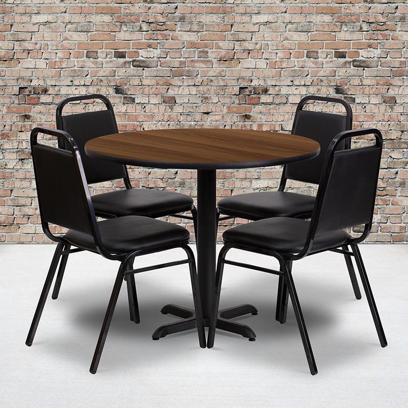 Image of 36'' Round Walnut Laminate Table Set With X-Base And 4 Black Trapezoidal Back Banquet Chairs