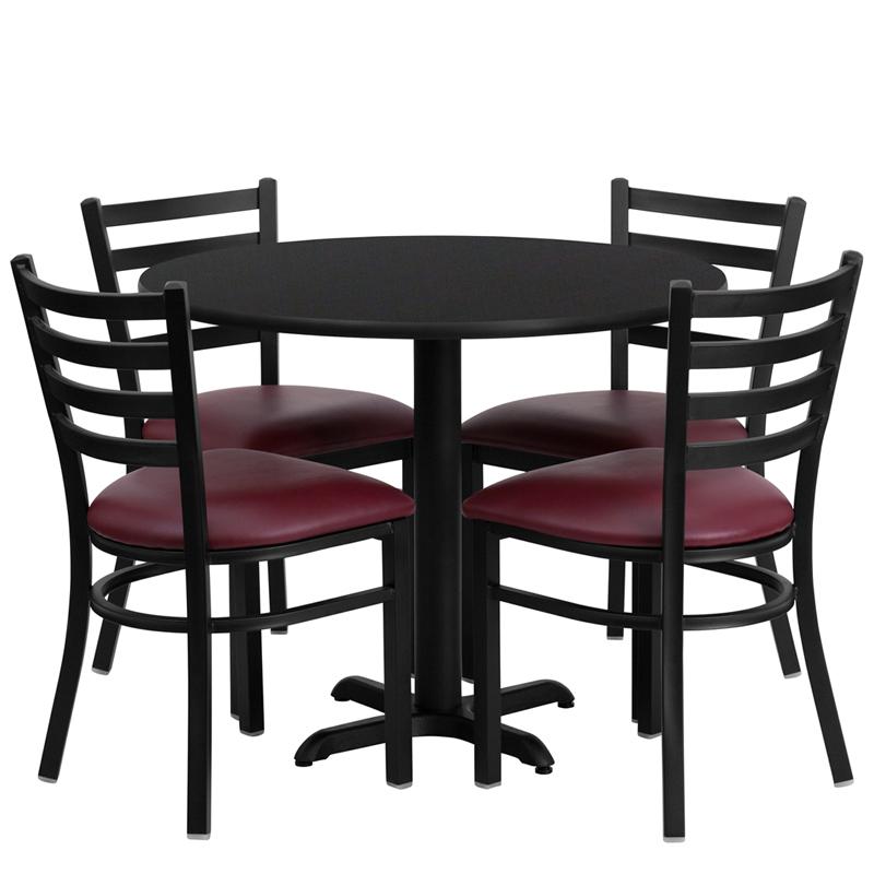 36'' Round Black Laminate Table Set With X-Base And 4 Ladder Back Metal Chairs - Burgundy Vinyl Seat
